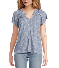 Lucky Brand Knit Printed Notch V-Neck Short Sleeve Top