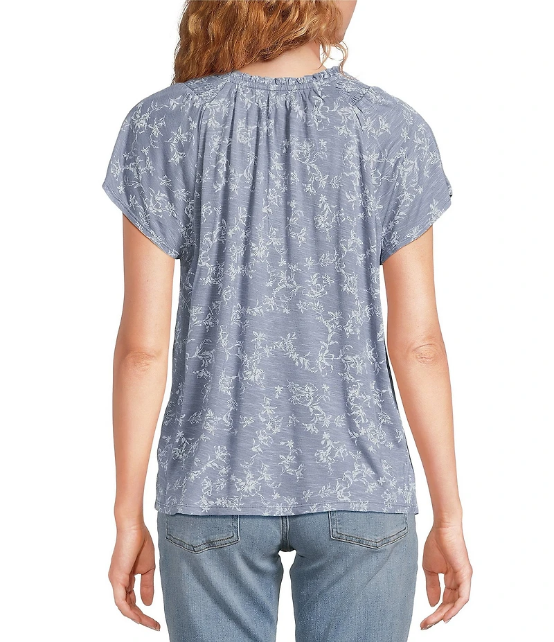 Lucky Brand Knit Printed Notch V-Neck Short Sleeve Top