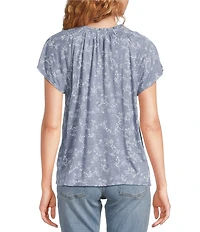 Lucky Brand Knit Printed Notch V-Neck Short Sleeve Top