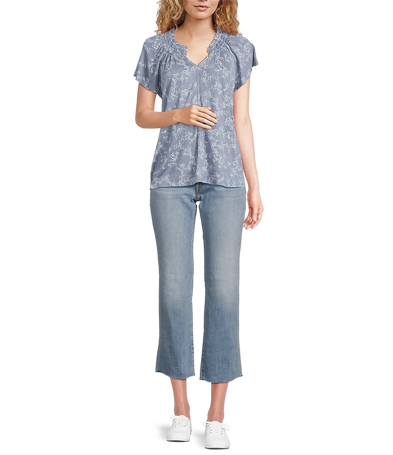 Lucky Brand Knit Printed Notch V-Neck Short Sleeve Top