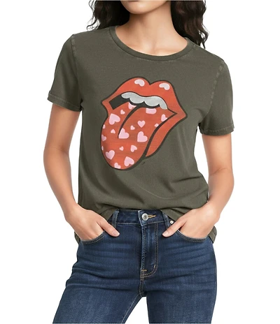 Lucky Brand Knit Rolling Stones Heart Lip Design Crew Neck Short Sleeve Tee