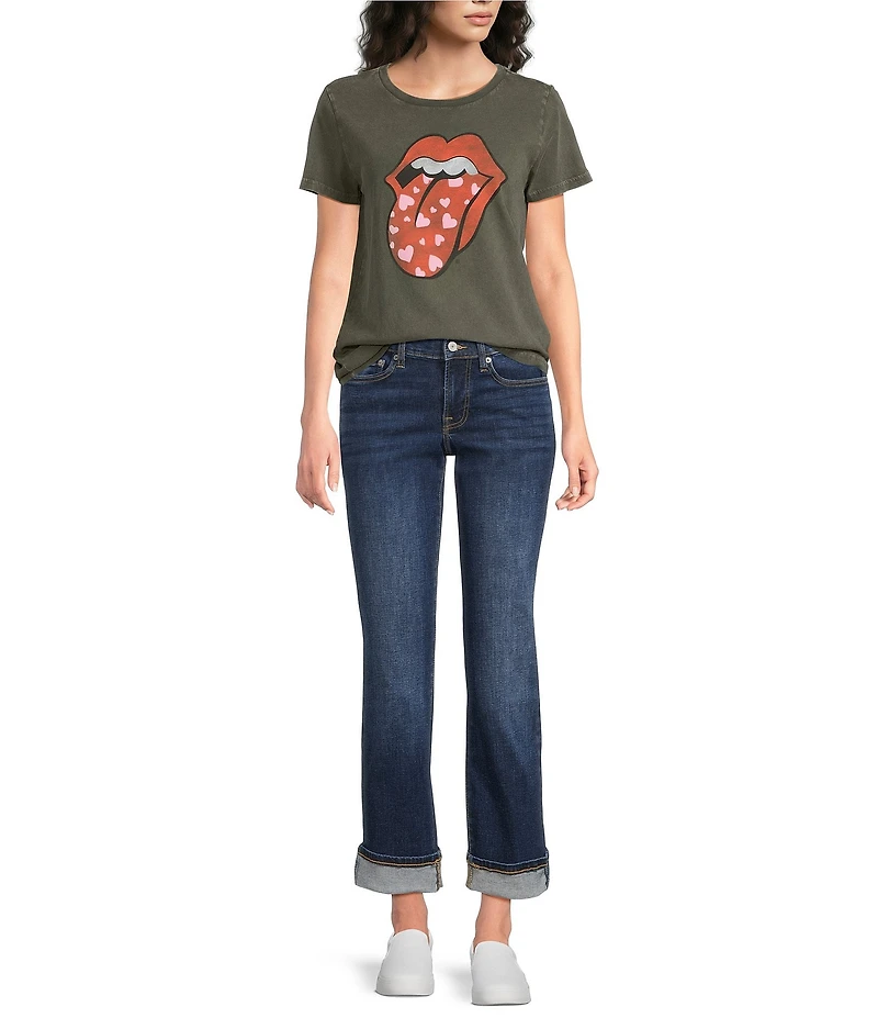 Lucky Brand Knit Rolling Stones Heart Lip Design Crew Neck Short Sleeve Tee