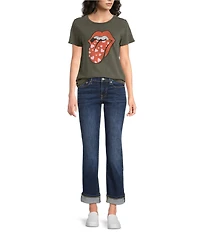 Lucky Brand Knit Rolling Stones Heart Lip Design Crew Neck Short Sleeve Tee