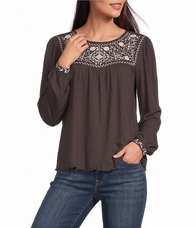 Lucky Brand Knit Round Neck Long Sleeve Embroidered Yoke Peasant Top
