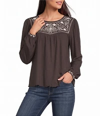 Lucky Brand Knit Round Neck Long Sleeve Embroidered Yoke Peasant Top