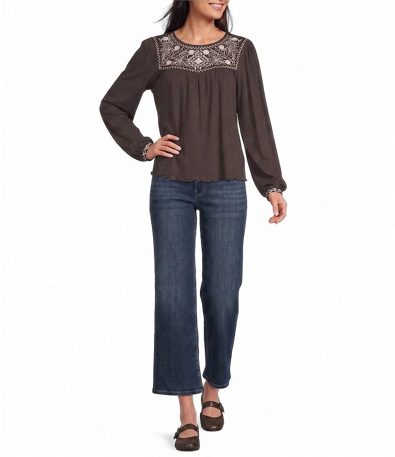 Lucky Brand Knit Round Neck Long Sleeve Embroidered Yoke Peasant Top