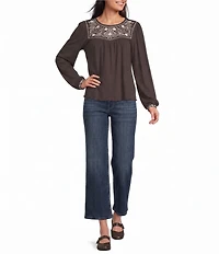 Lucky Brand Knit Round Neck Long Sleeve Embroidered Yoke Peasant Top