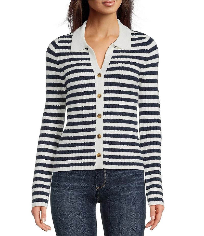 Lucky Brand Knit Striped V-Neck Long Sleeve Button Down Sweater