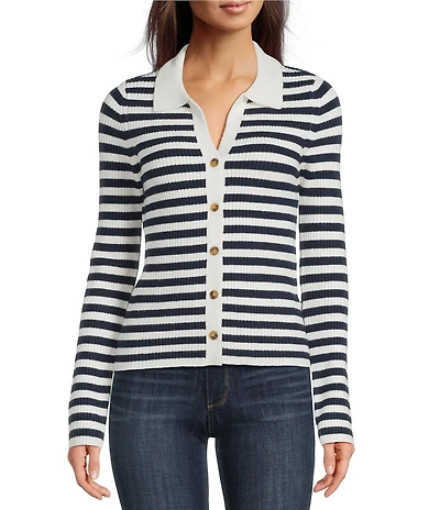 Lucky Brand Knit Striped V-Neck Long Sleeve Button Down Sweater