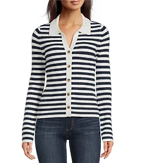 Lucky Brand Knit Striped V-Neck Long Sleeve Button Down Sweater