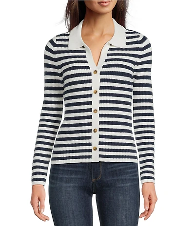 Lucky Brand Knit Striped V-Neck Long Sleeve Button Down Sweater