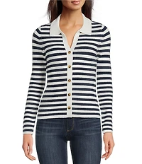 Lucky Brand Knit Striped V-Neck Long Sleeve Button Down Sweater