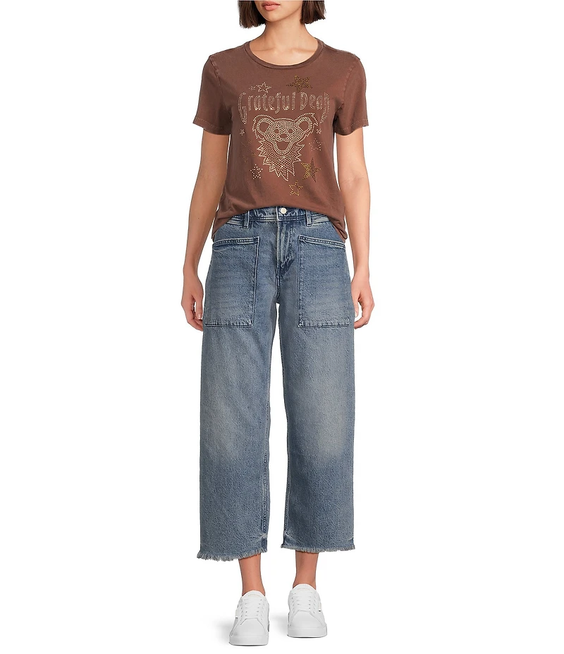 Lucky Brand Knit Studded Grateful Dead Bear Crew Neck Short Sleeve Tee