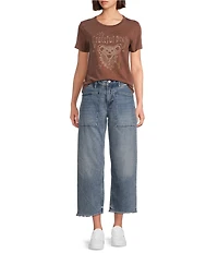 Lucky Brand Knit Studded Grateful Dead Bear Crew Neck Short Sleeve Tee