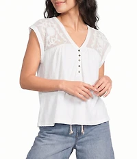 Lucky Brand Knit V-Neck Cap Sleeve Mesh Embroidered Yoke Tee Shirt