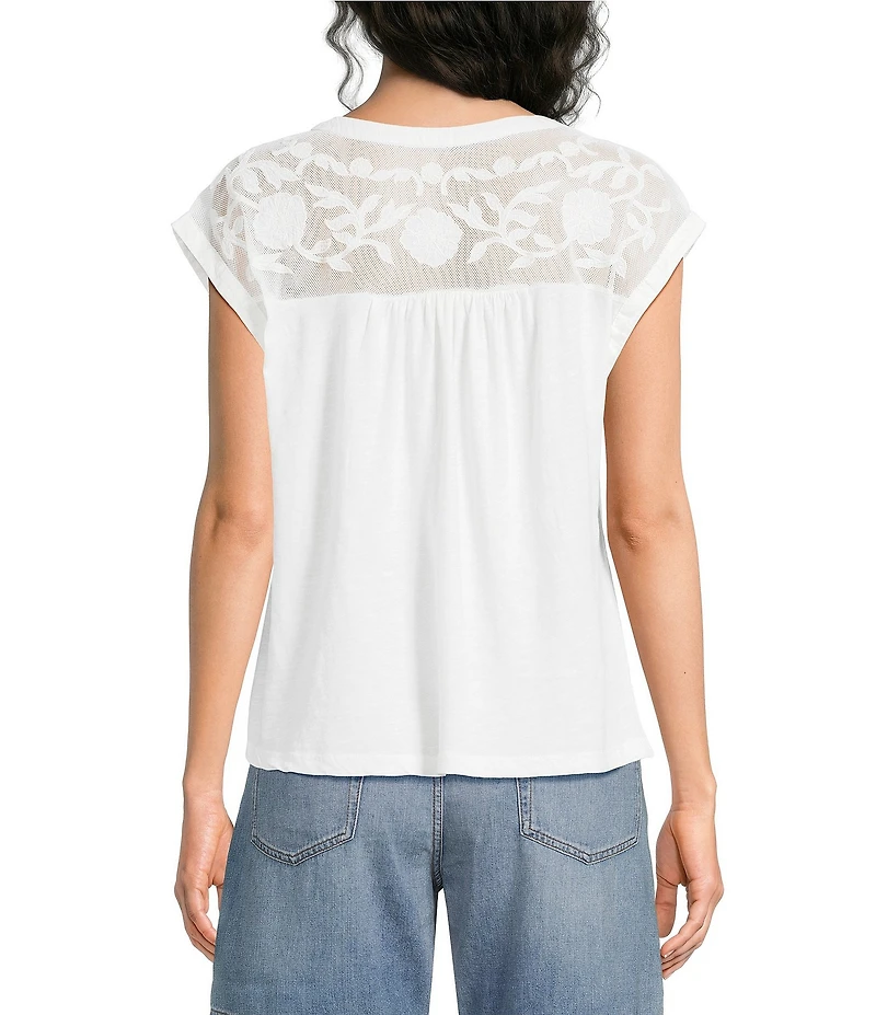 Lucky Brand Knit V-Neck Cap Sleeve Mesh Embroidered Yoke Tee Shirt