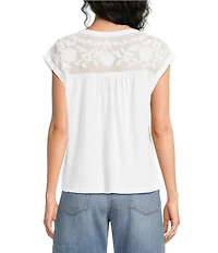 Lucky Brand Knit V-Neck Cap Sleeve Mesh Embroidered Yoke Tee Shirt