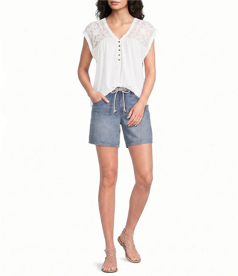 Lucky Brand Knit V-Neck Cap Sleeve Mesh Embroidered Yoke Tee Shirt