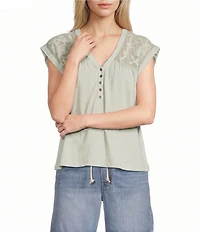 Lucky Brand Knit V-Neck Cap Sleeve Mesh Embroidered Yoke Tee Shirt