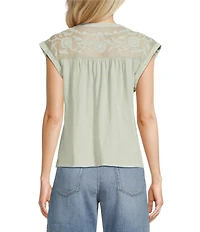 Lucky Brand Knit V-Neck Cap Sleeve Mesh Embroidered Yoke Tee Shirt