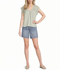 Lucky Brand Knit V-Neck Cap Sleeve Mesh Embroidered Yoke Tee Shirt