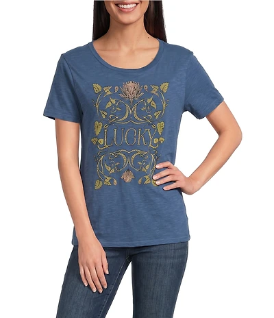 Lucky Brand Knit With Lucky Embellished Front Crew Neck Short Sleeve Tee Shirt