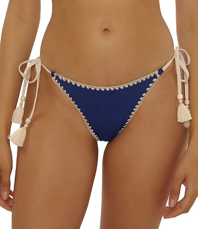 Lucky Brand Marbella Contrast Shell Stitch Side Tassel Hipster Swim Bottom