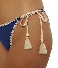 Lucky Brand Marbella Contrast Shell Stitch Side Tassel Hipster Swim Bottom