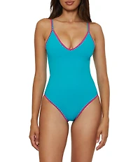 Lucky Brand Marbella Contrast Shell Stitch V-Neck One Piece Swimsuit