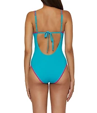 Lucky Brand Marbella Contrast Shell Stitch V-Neck One Piece Swimsuit