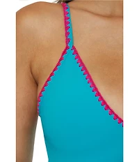 Lucky Brand Marbella Contrast Shell Stitch V-Neck One Piece Swimsuit