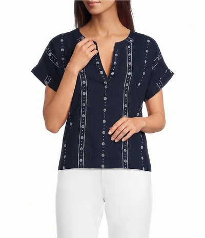 Lucky Brand Novelty Woven Lace Stripe V-Neck Short Sleeve Shirt