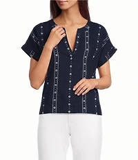 Lucky Brand Novelty Woven Lace Stripe V-Neck Short Sleeve Shirt