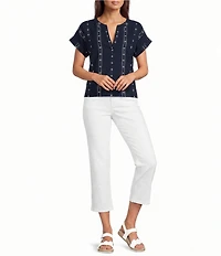 Lucky Brand Novelty Woven Lace Stripe V-Neck Short Sleeve Shirt