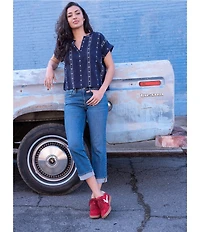Lucky Brand Novelty Woven Lace Stripe V-Neck Short Sleeve Shirt