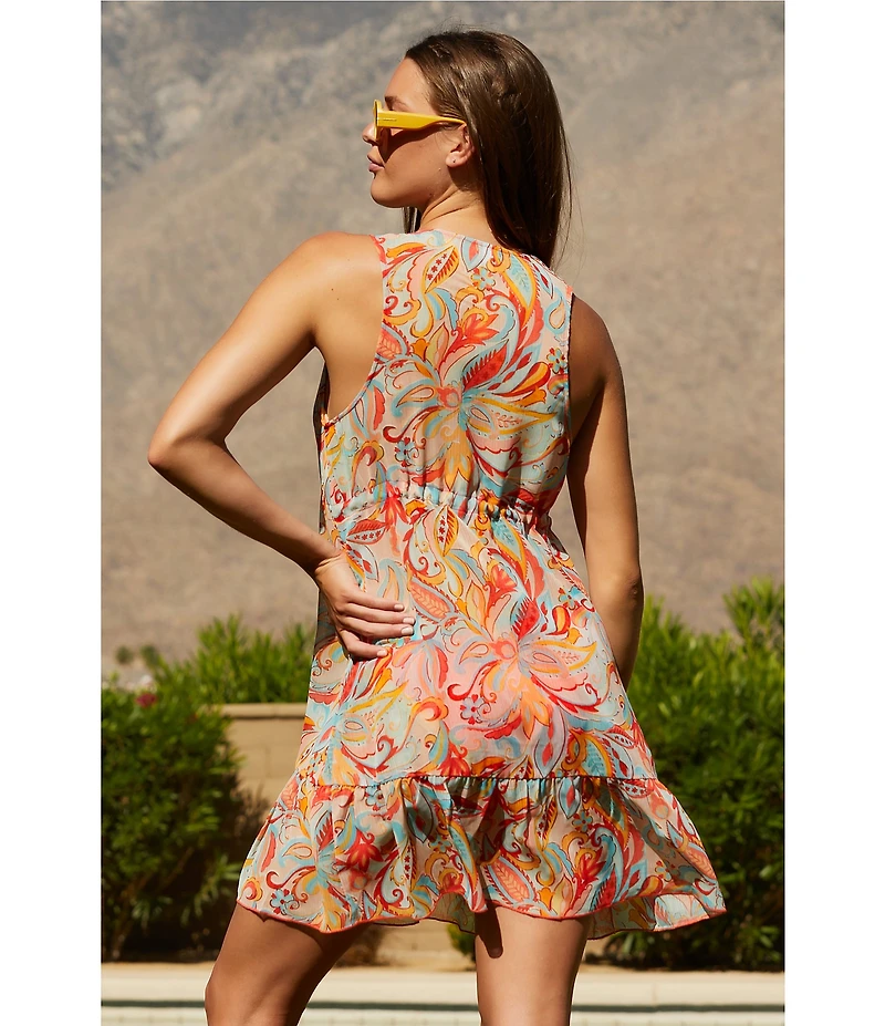 Lucky Brand Phuket Chiffon Paisley Open Front Tie Tassel Tunic Swim Cover-Up