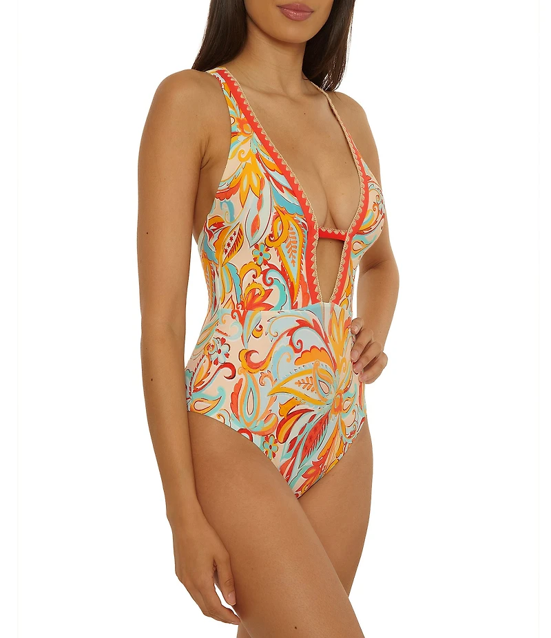 Lucky Brand Phuket Paisley Plunge Neck One Piece Swimsuit