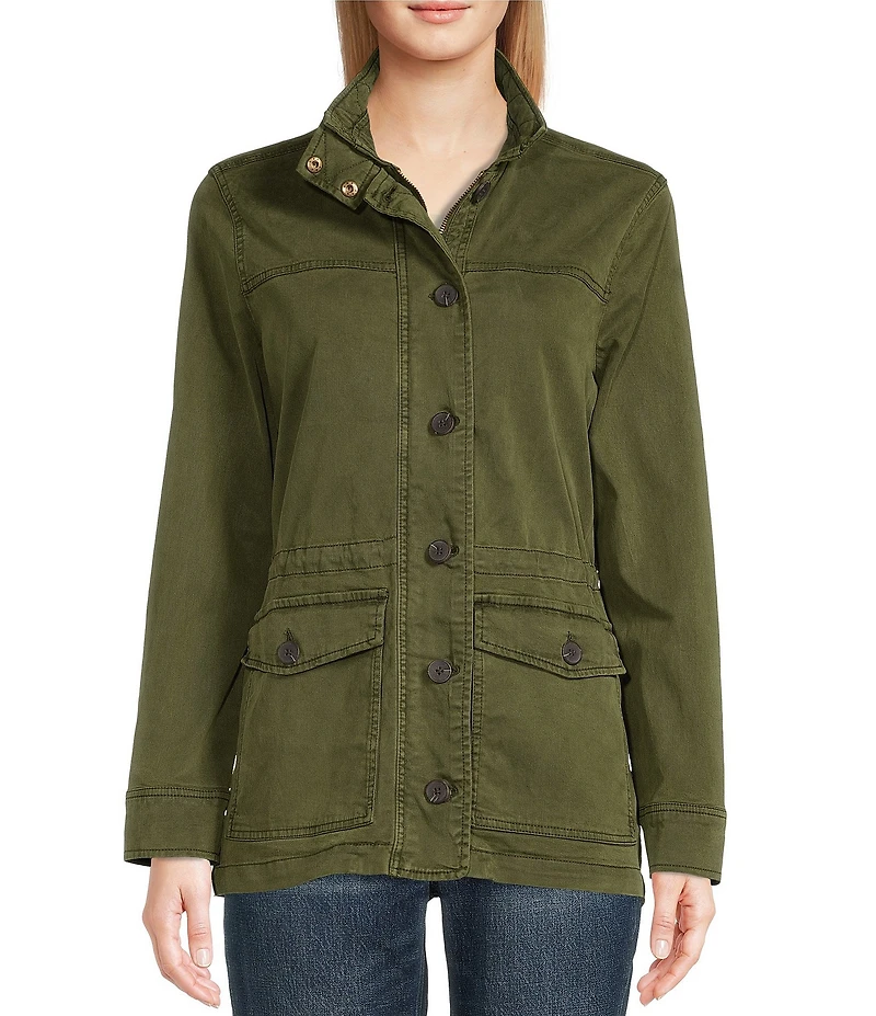 Lucky Brand Point Collar Long Sleeve Drawstring Waist Patch Pocket Button Front Utility Jacket