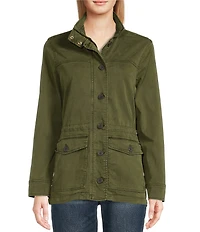Lucky Brand Point Collar Long Sleeve Drawstring Waist Patch Pocket Button Front Utility Jacket