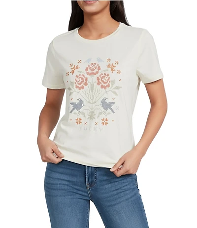 Lucky Brand Ribbed Knit Floral Print Crew Neck Short Sleeve Tee