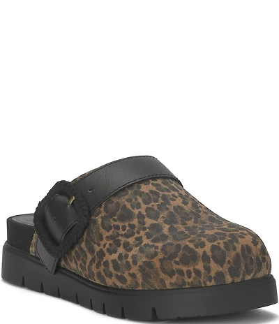 Lucky Brand Sachie Leopard Print Suede Buckle Hardware Clogs