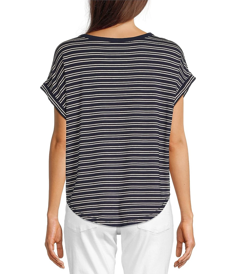 Lucky Brand Sandwash Stripe Contrast Trim Crew Neck Short Dolman Sleeve Top