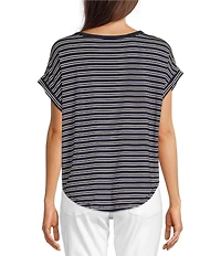 Lucky Brand Sandwash Stripe Contrast Trim Crew Neck Short Dolman Sleeve Top