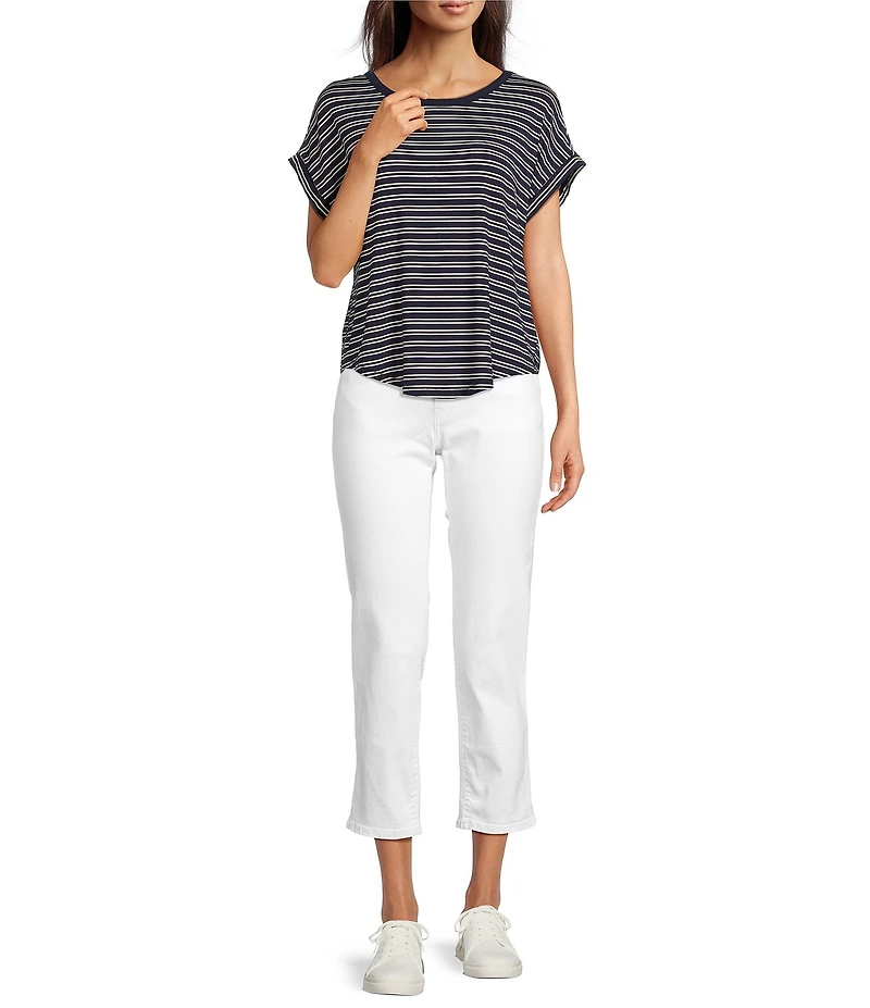 Lucky Brand Sandwash Stripe Contrast Trim Crew Neck Short Dolman Sleeve Top