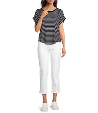 Lucky Brand Sandwash Stripe Contrast Trim Crew Neck Short Dolman Sleeve Top