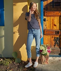 Lucky Brand Sandwash Stripe Contrast Trim Crew Neck Short Dolman Sleeve Top