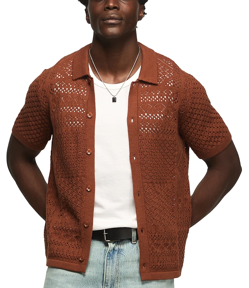 Lucky Brand Short Sleeve Granny Square Button Down Sweater