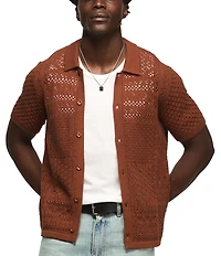 Lucky Brand Short Sleeve Granny Square Button Down Sweater