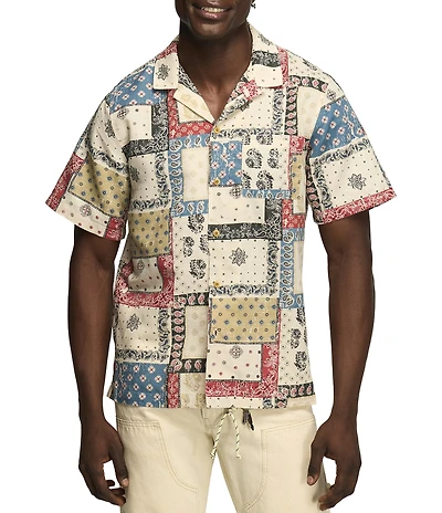 Lucky Brand Short Sleeve Paisley Printed Linen Blend Camp Collar Shirt