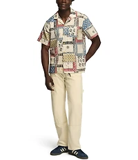 Lucky Brand Short Sleeve Paisley Printed Linen Blend Camp Collar Shirt